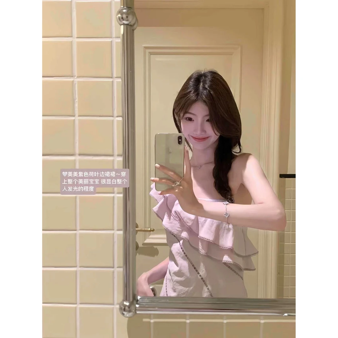 白水女 美女氛围感 斜肩荷叶边连衣裙海边度假风修身显瘦裙8321丰