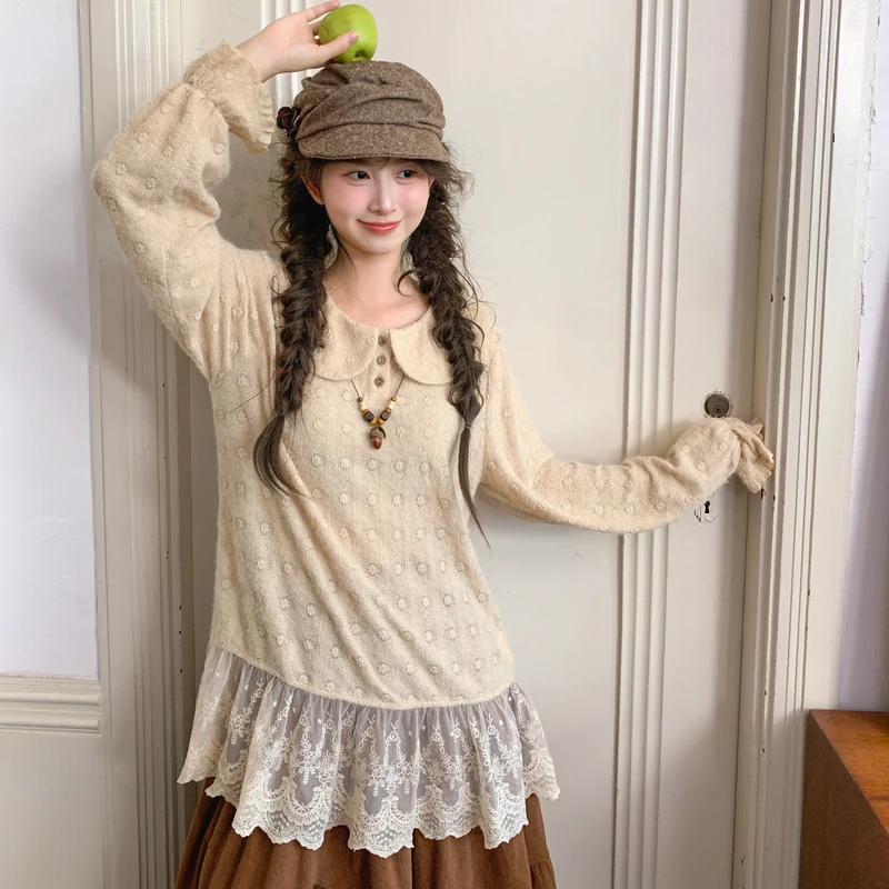 森女部落森系娃娃领长袖T恤女新款蕾丝下摆设计感打底衫百搭上衣