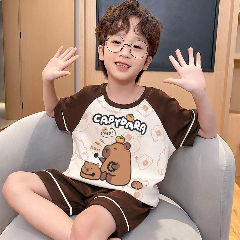 FAVMARTHA童睡衣夏季卡皮巴拉短袖短裤中大童男孩时尚儿童家居服