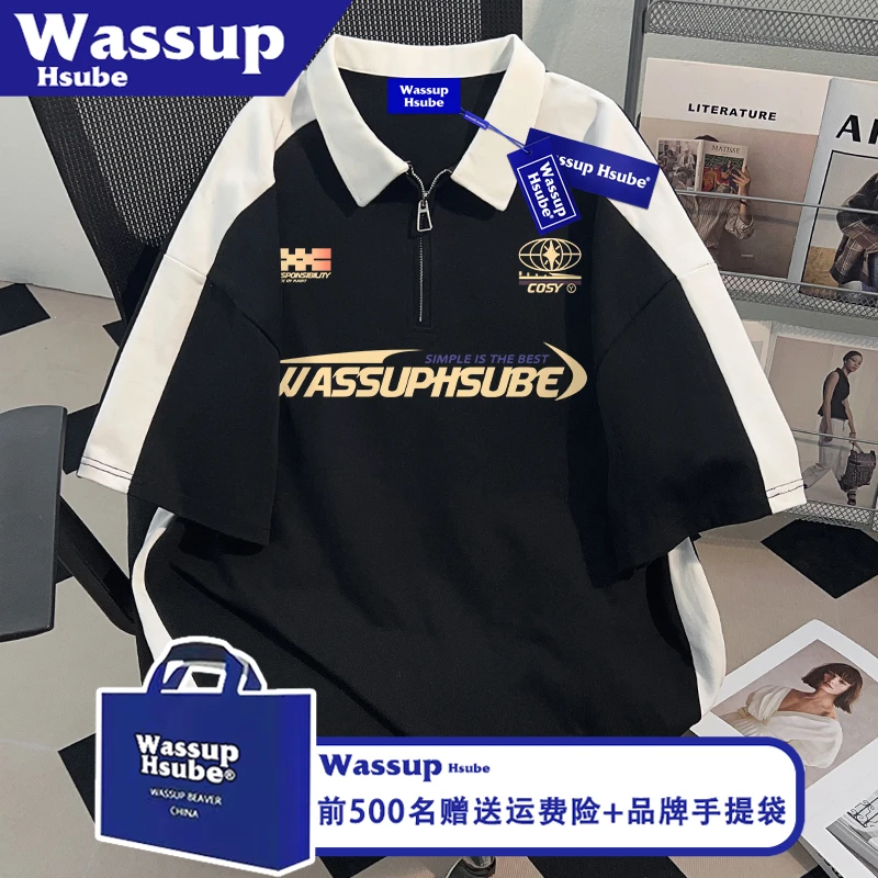 WASSUP HSUBE慵懒风篮球风印花纯棉半袖ins男女同款POLO衫夏季T恤