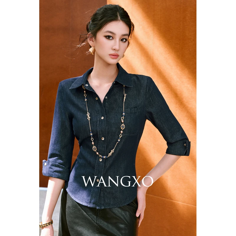 WANGXO 亮丝牛仔七分袖短款衬衫 2531008W