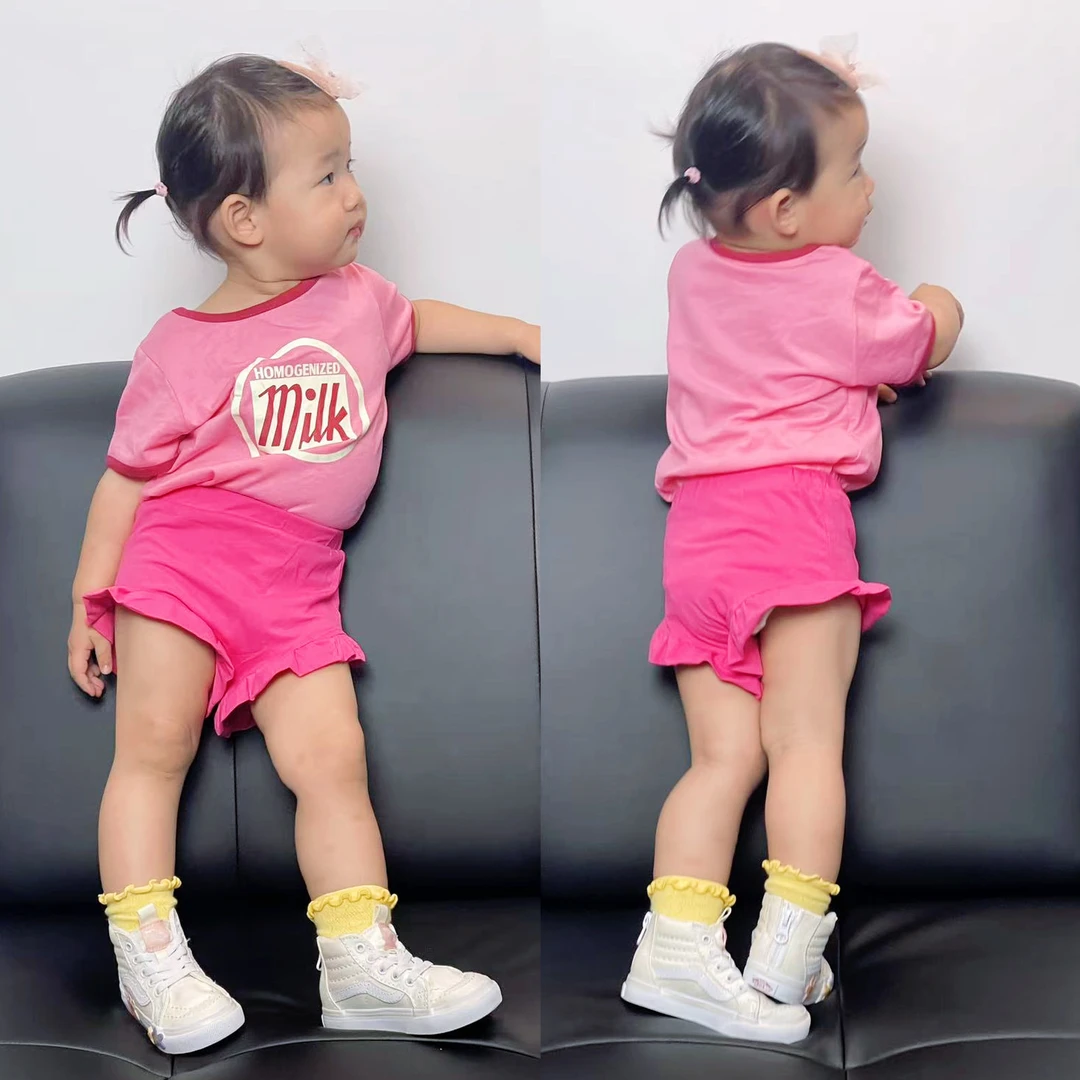 【烁烁家】2025韩版夏季新款女童可爱牛奶短袖T恤木耳边包臀短款2件