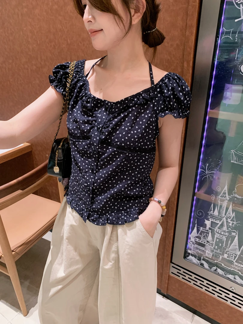 漫姐的店【蓝莓泡泡】法式复古风绑带碎花小上衣修身显瘦短款衬衣
