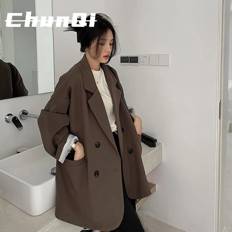 淳启休闲西装外套女春秋高级感韩版中长款职业装慵懒风落肩小西服