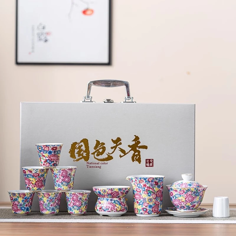 轻奢高档繁花功夫茶具套装家用泡茶礼盒装全套青花瓷珐琅彩茶具