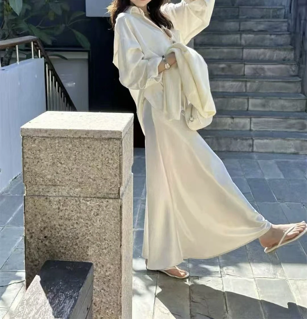 法式时尚百搭高级醋酸缎面a字长裙女25年春夏垂滑感包臀长裙