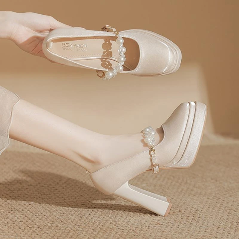 香槟色玛丽珍婚鞋防水台厚底神器演出不累脚缎面高跟鞋粗跟女12cm