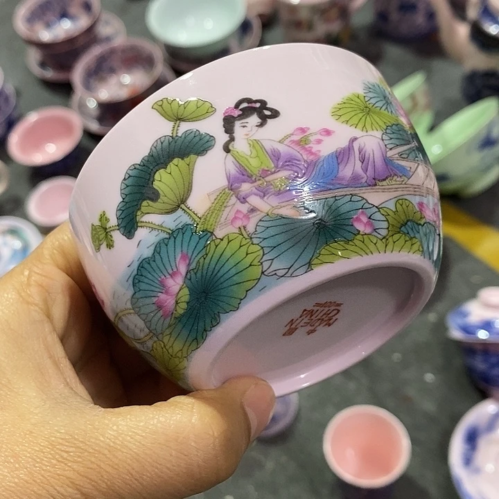 摆件陶红稀土荷花美女大缸杯