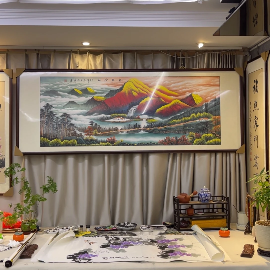 国画日照金山六尺成品画框