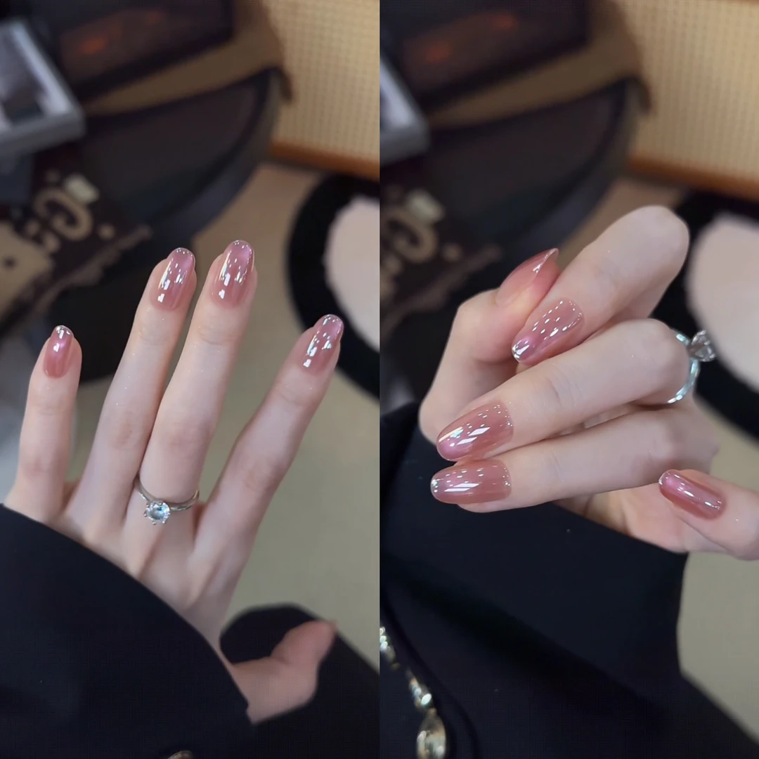 【烟雨海棠】淡粉色指尖追光猫眼简约精致纯手工穿戴甲甲片10片