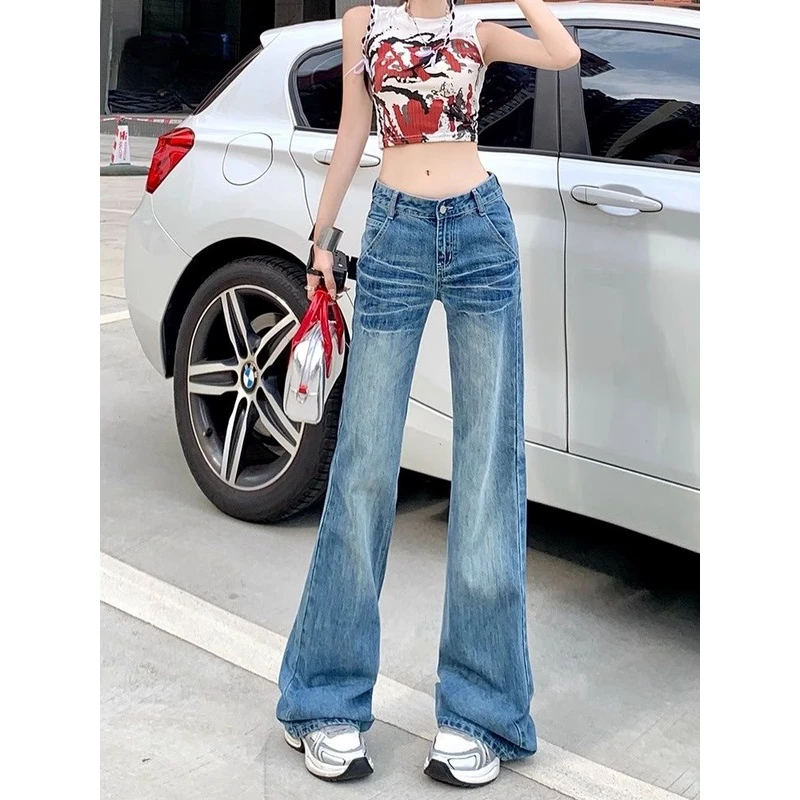 美式复古微喇牛仔裤女2025秋季新款裂纹低腰宽松垂感阔腿直筒裤子