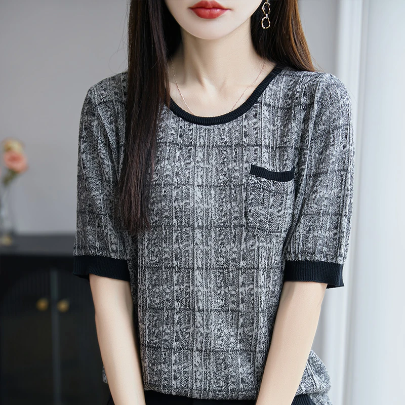 夏季宽松女士针织T恤爆款百搭时尚圆领针织短袖 高端轻奢薄款半袖