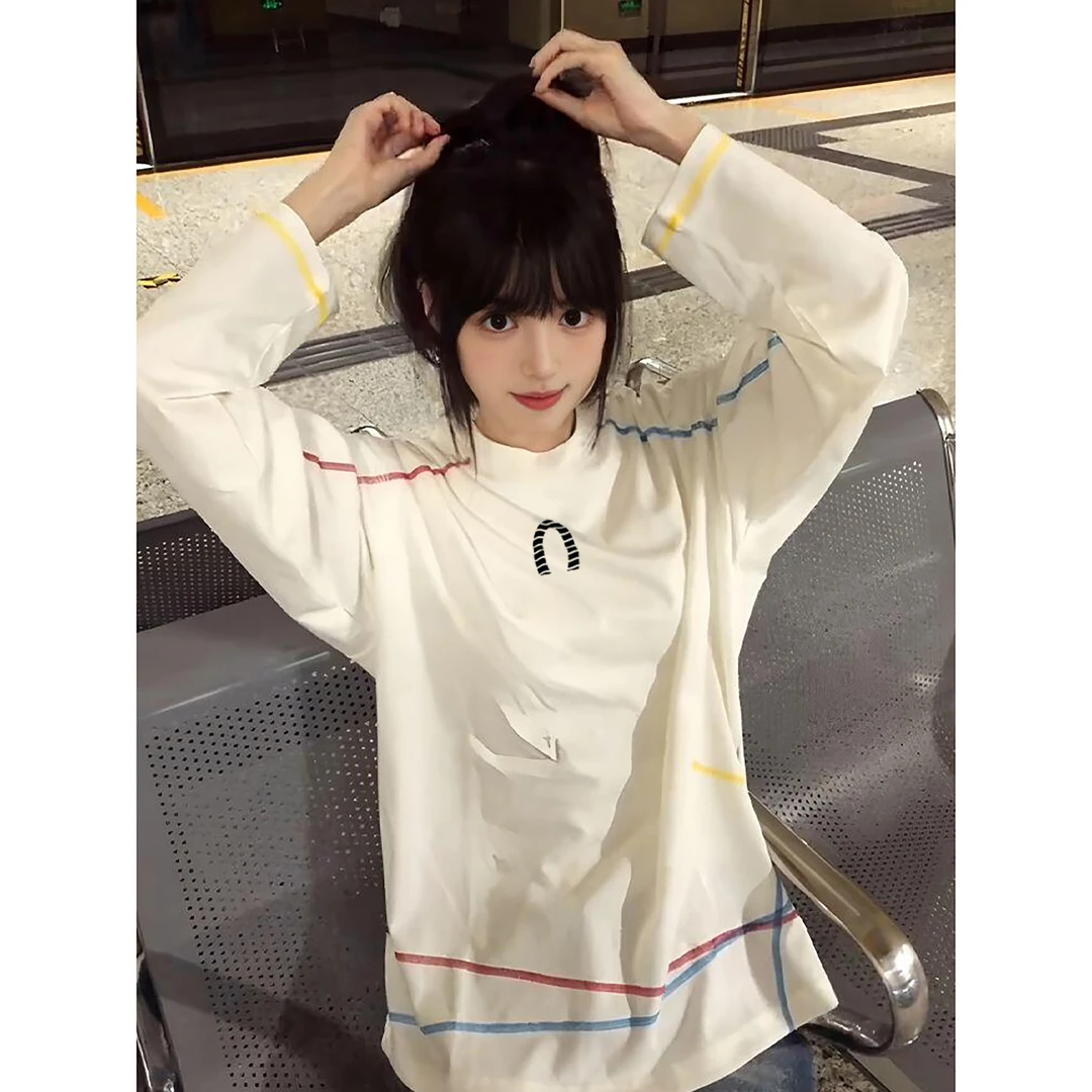 100%纯棉重磅字母t恤男女秋冬季潮牌情侣彩色不规则三针五线长袖