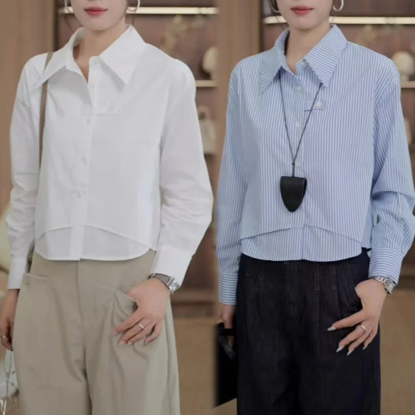 高级感蓝色条纹长袖衬衫女2025春秋新款叠穿衬衣百搭时尚气质上衣