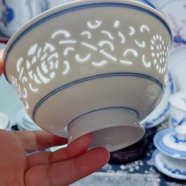 青花玲珑6寸面碗满雕双福双线