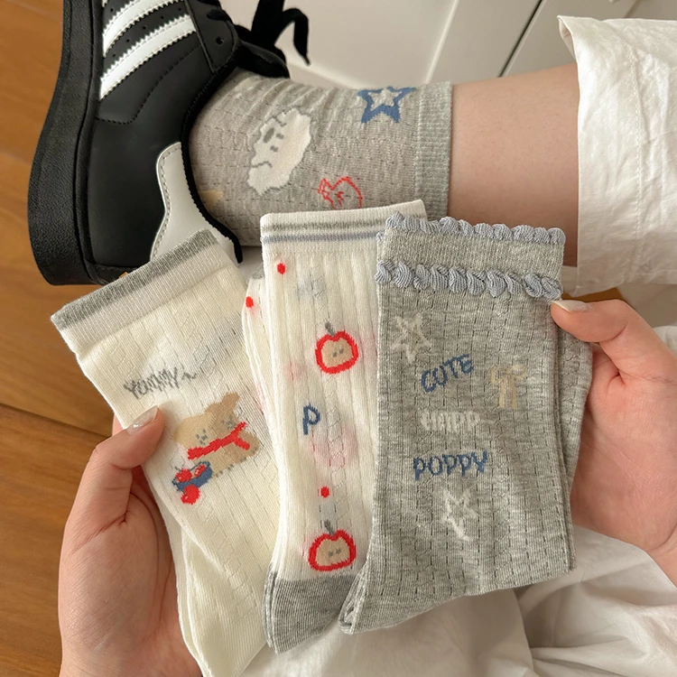 夏季网眼镂空可爱小狗透气袜子无骨袜星星卡通薄款女爆款中筒袜