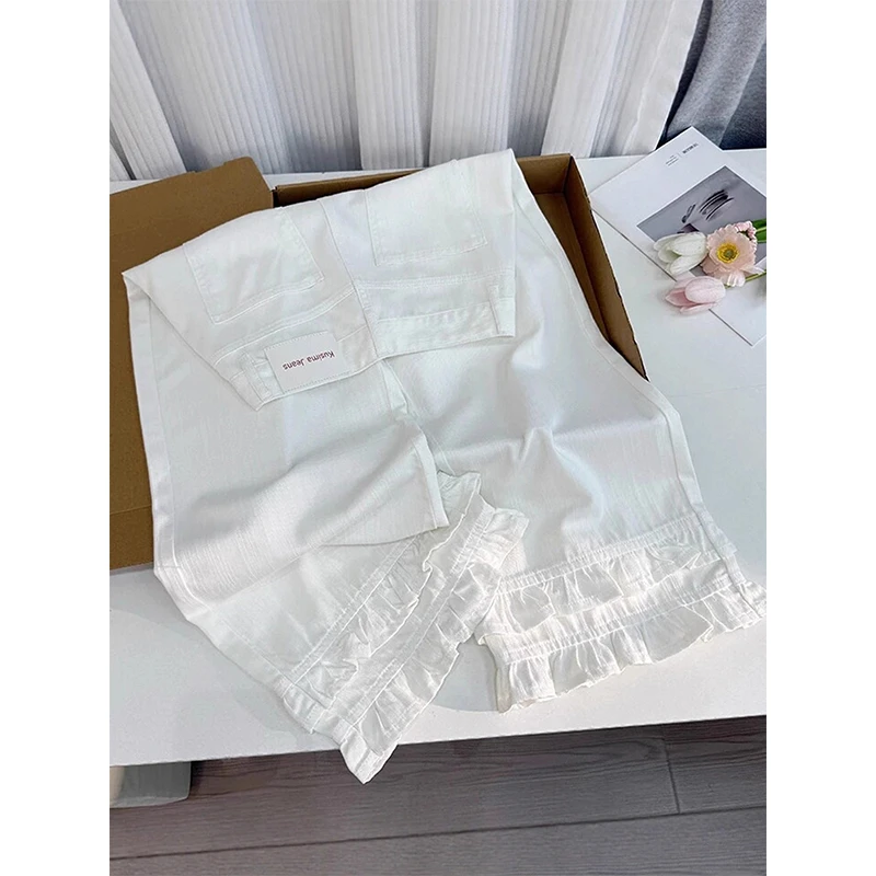 白色木耳花边牛仔裤女2025夏季薄款小个子高腰宽松显瘦九分阔腿裤