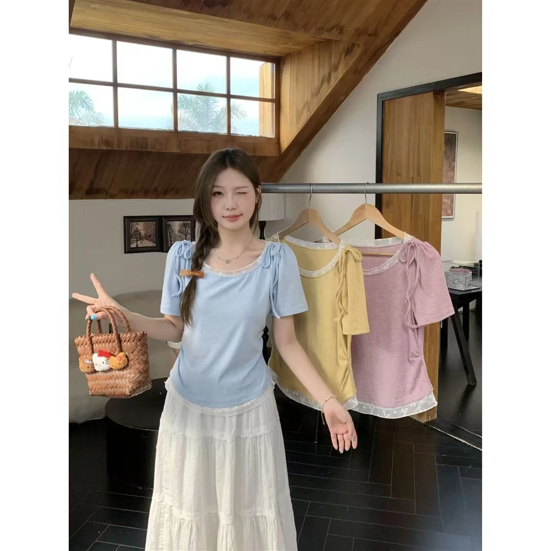 胖mm大码女夏季新款蕾丝拼接收腰显瘦短袖T恤纯欲甜美风上衣百搭