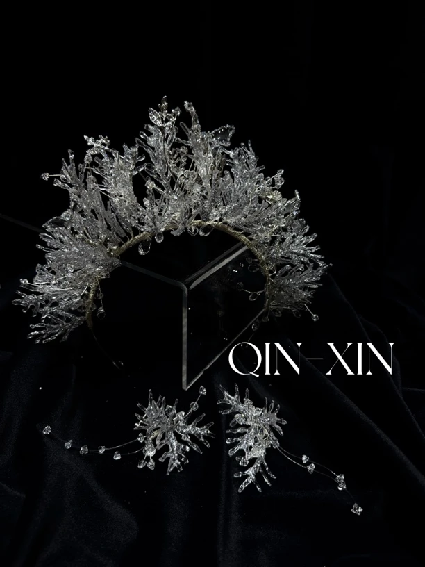 沁心｜高级手作“冰雪奇缘”水凝胶新娘皇冠奢华大气