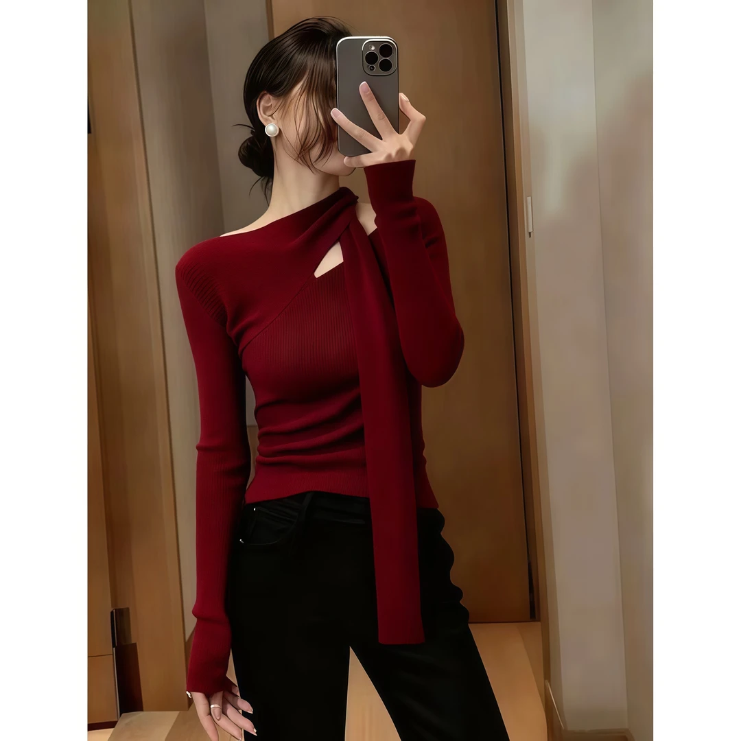 法式镂空飘带针织衫女红色毛衣2026秋冬季新款圣诞上衣女打底内搭