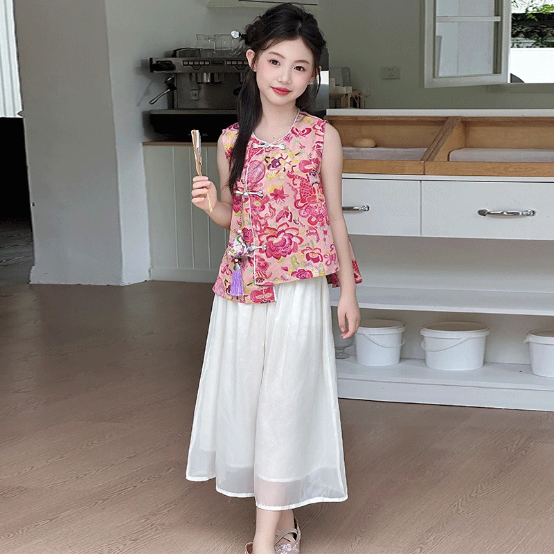 女童汉服套装夏季2025新款儿童国风夏装女孩盘扣背心阔腿裤两件套