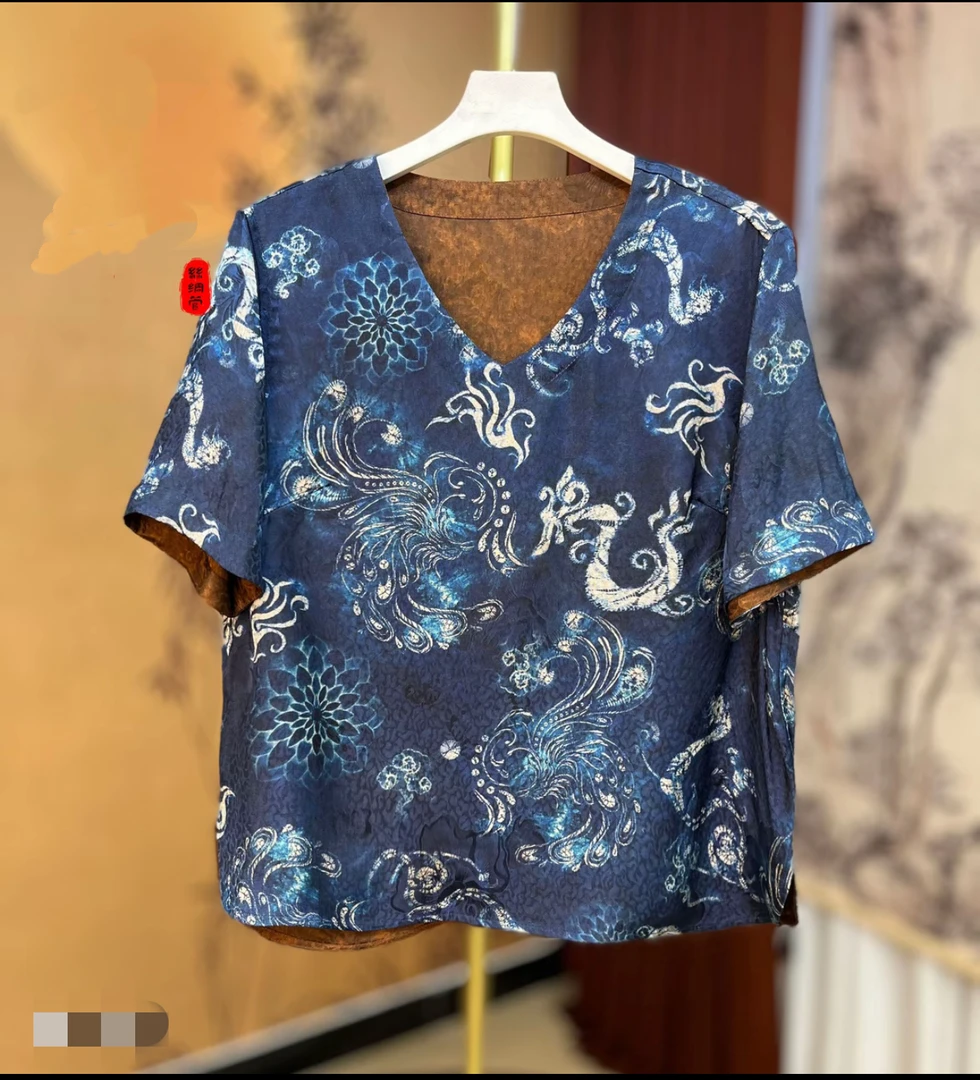 【青花瓷】双面双穿半袖蓝色直筒型常规款V领民族风中式短袖