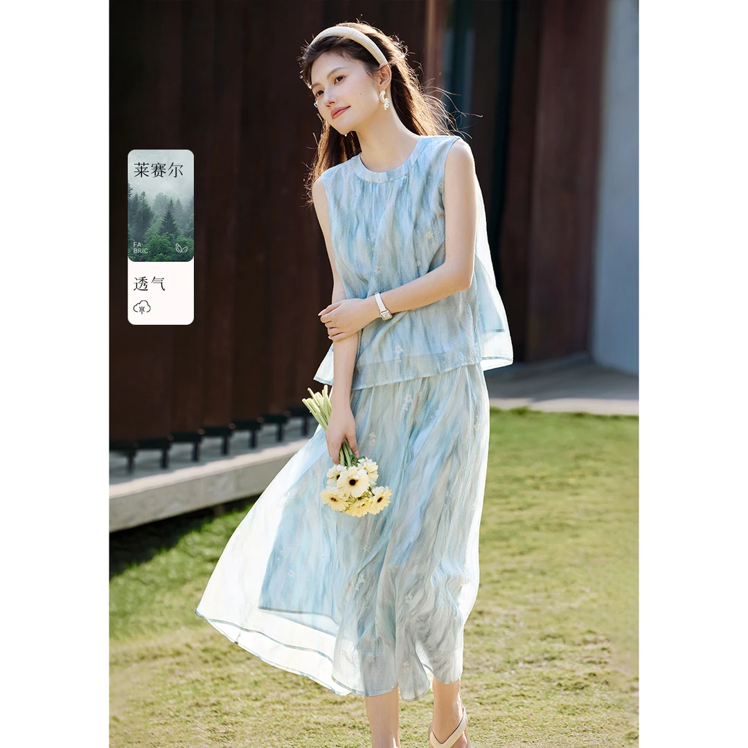 XWI/欣未【度假风情】2025夏季度假风晕染印花无袖半裙套装9476