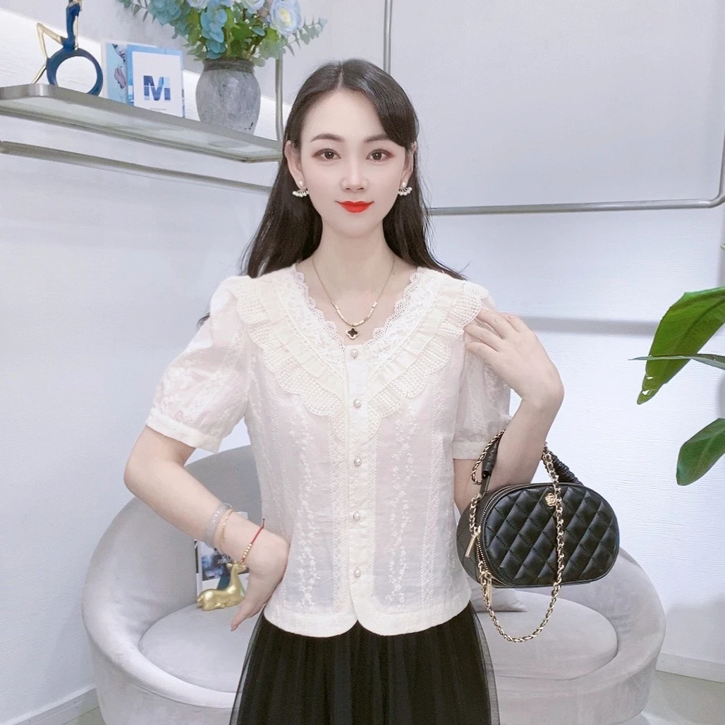 A8306法式V领短袖衬衫女夏季新款时尚百搭气质显瘦小衫上衣