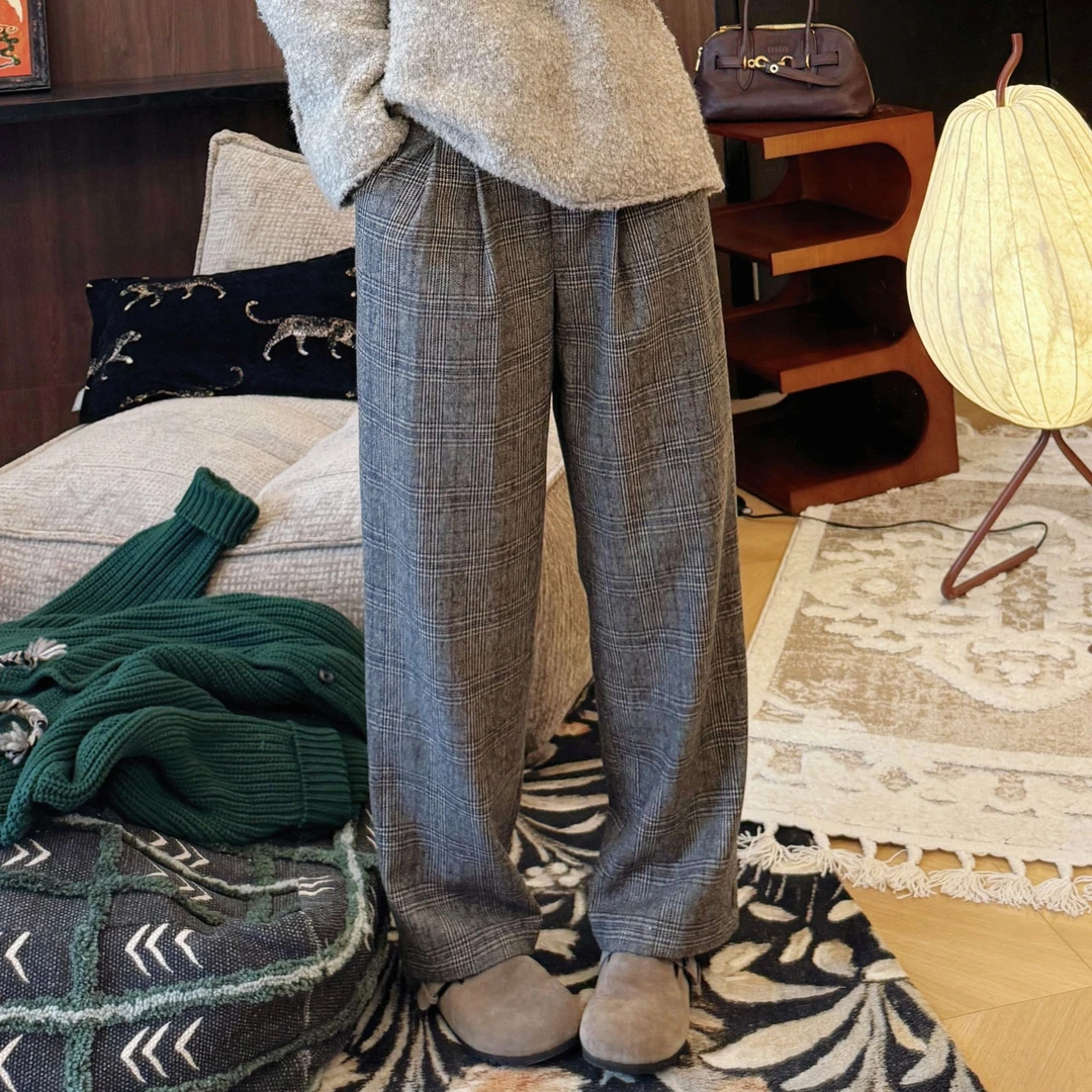 【MGDM】加厚羊毛混纺复古格子裤女SBW24418