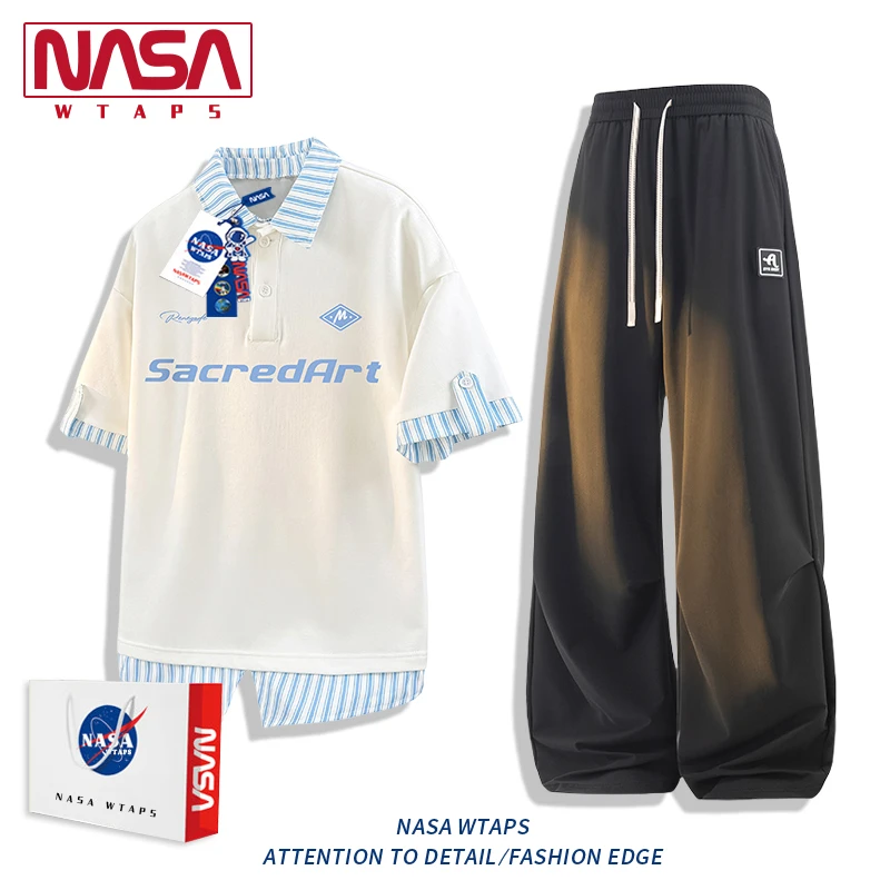 NASA WTAPS假两件潮短袖T恤套装男款夏季宽松休闲短袖长裤两件套