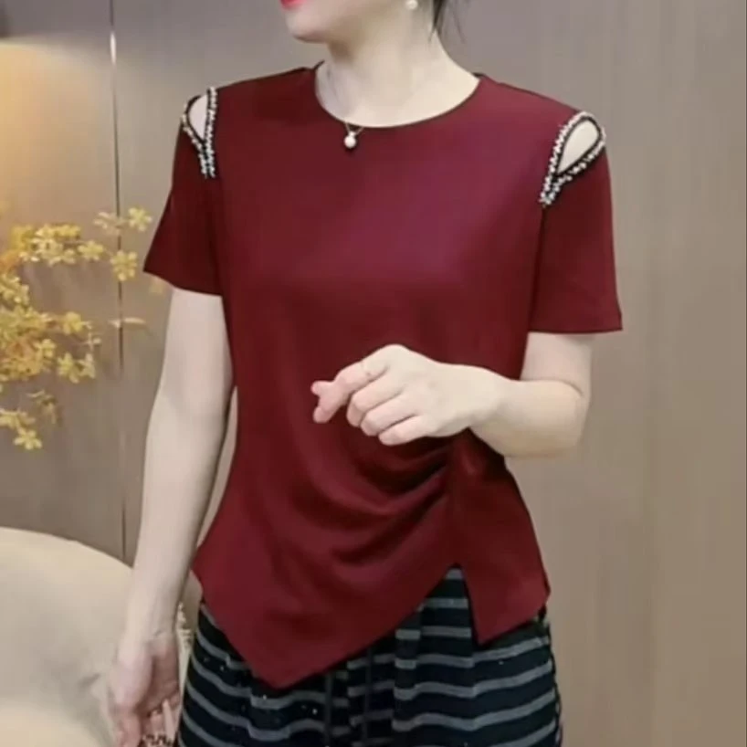 夏季新款时尚洋气减龄显瘦短袖t恤女百搭气质小众褶皱收腰上衣潮