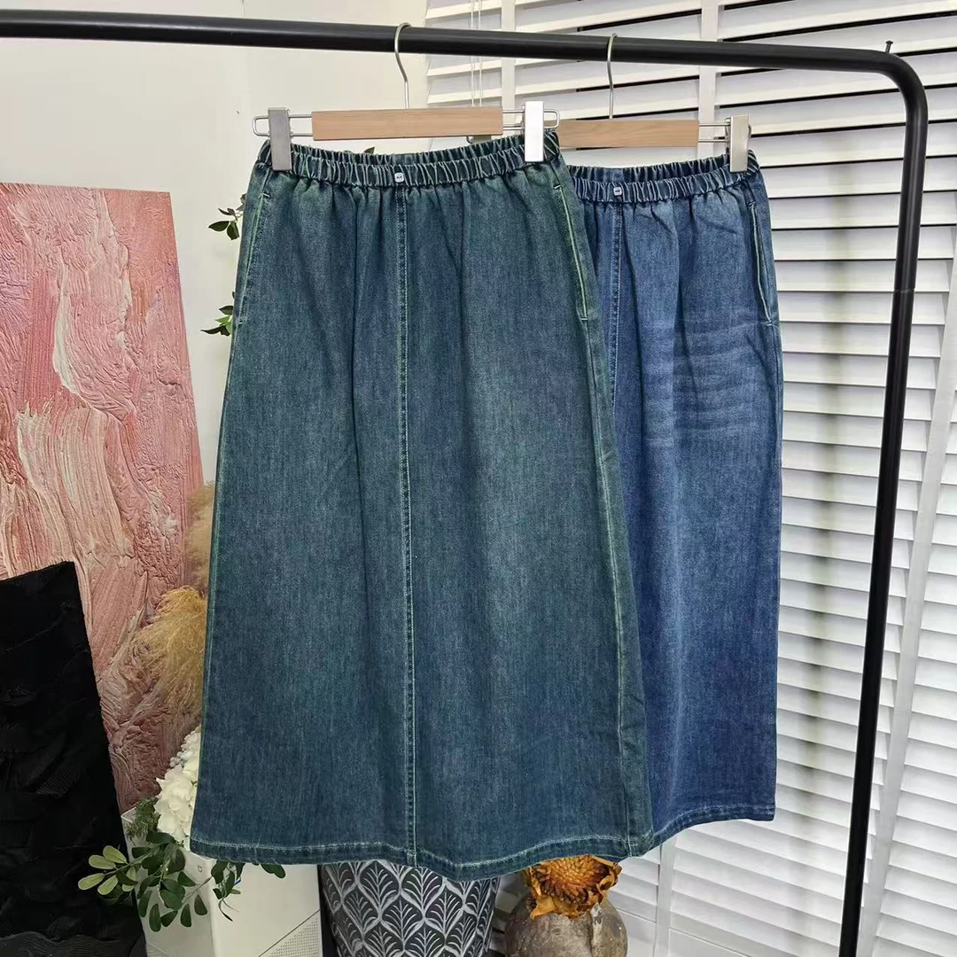 日系文艺「水洗做旧松紧腰」百搭半身裙松紧腰E5055