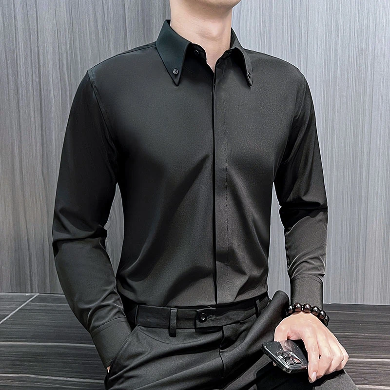 大尖领长袖衬衫男款爆款2025新款春秋商务正装时尚百搭暗扣衬衣