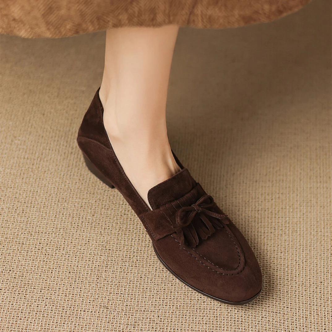 里外纯皮～羊翻皮3cm复古加绒乐福鞋秋冬复古单鞋粗跟新款百搭气质