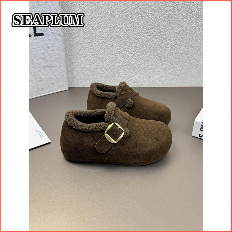 SEAPLUM牛皮复古勃肯雪地靴女2025冬季新款毛毛鞋一脚蹬加绒保暖