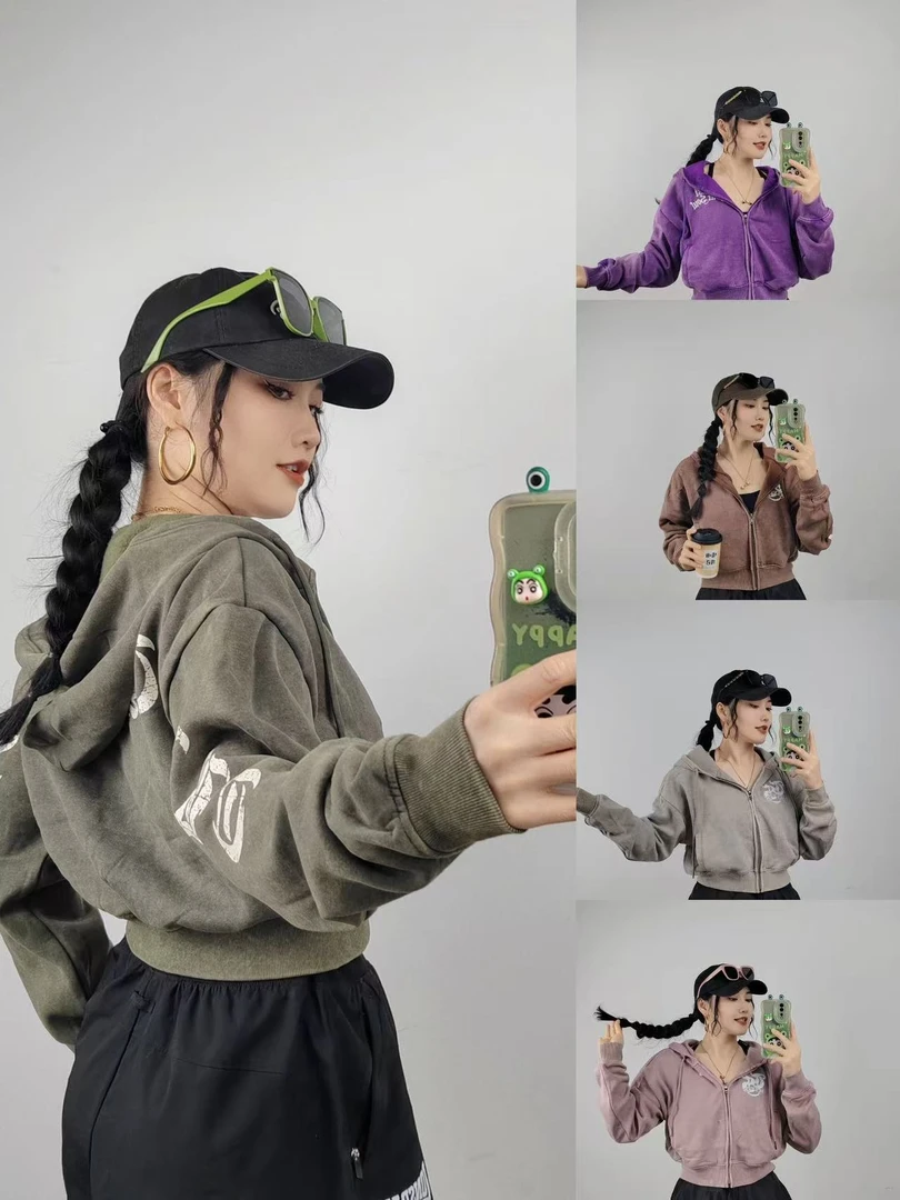 时尚款~潮流宽松复古扎染连帽欧美百搭加绒小款卫衣女（16EF-B052