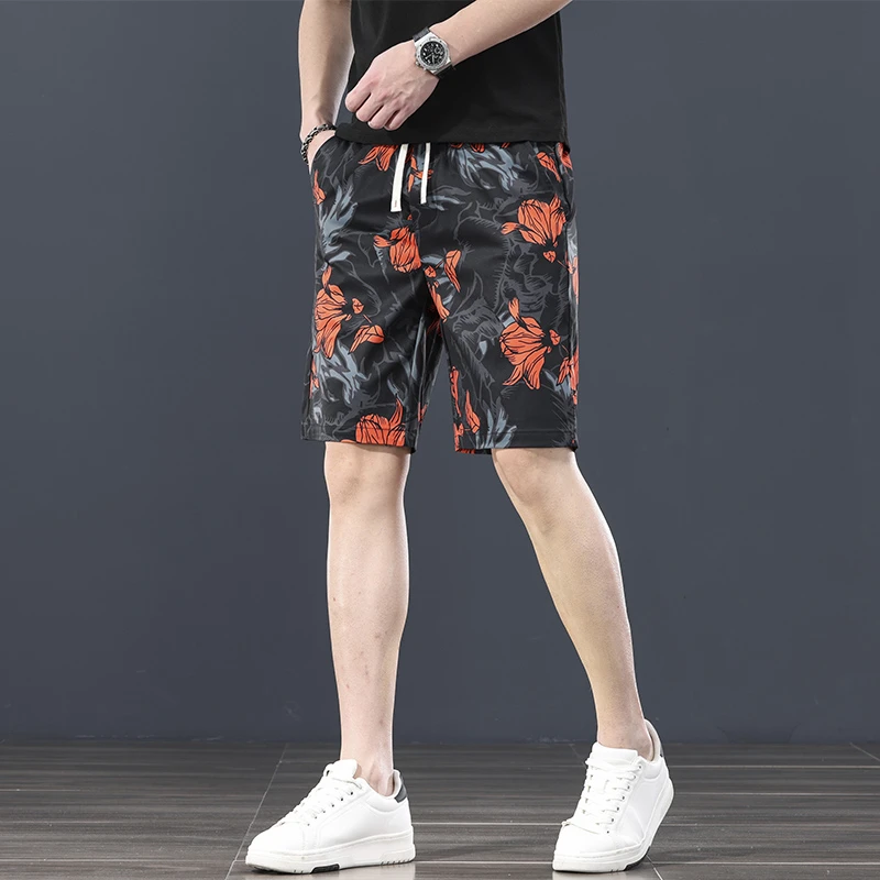 潮流印花休闲短裤男夏季新款速干冰丝五分裤子男百搭花色沙滩中裤