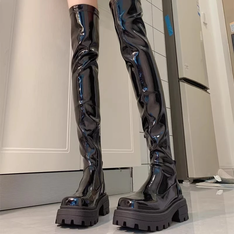 WANSSENY过膝靴女秋冬厚底小个子增高真皮长筒靴大筒围显瘦弹力靴