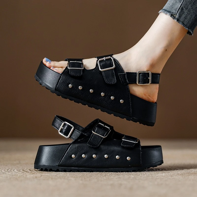 松糕厚底真皮勃肯凉鞋女2025夏季新款百搭配裙子罗马鞋露趾沙滩鞋