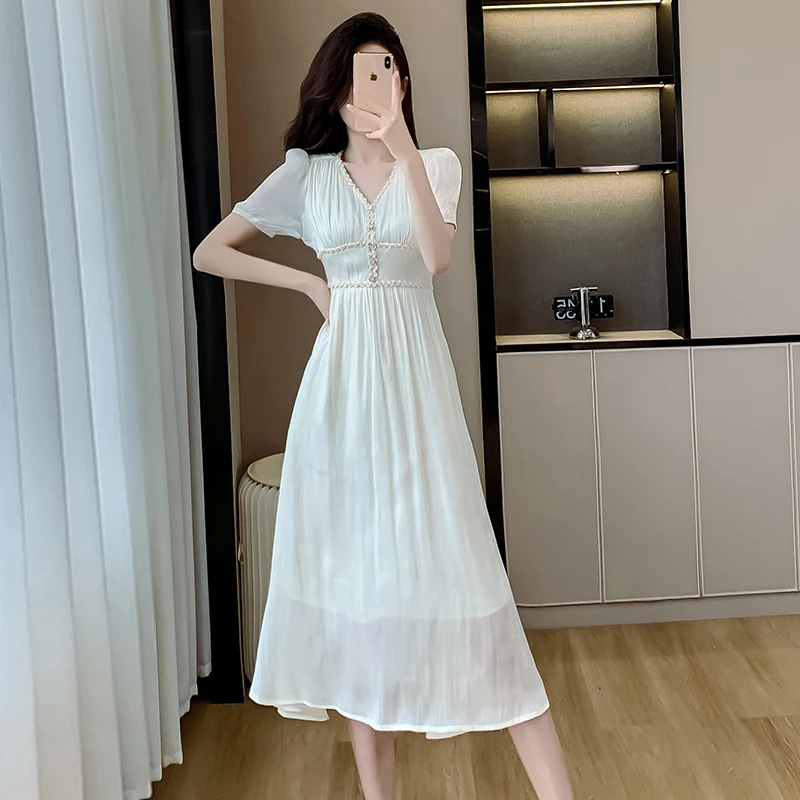 9963小夕法式连衣裙女2025夏装短收腰显瘦温柔风V领中长裙大摆裙a