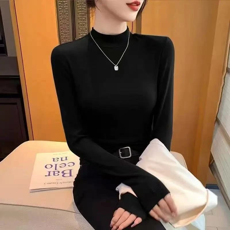 2025新款半高领纯色百搭时尚打底衫女装秋冬简约长袖高弹上衣中领