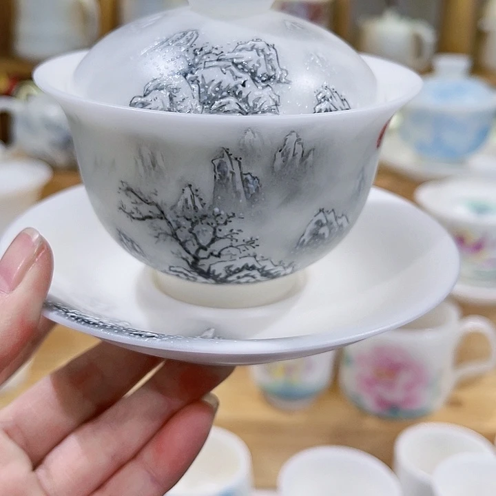 高冰素烧手绘雪景山水墨画盖碗套160