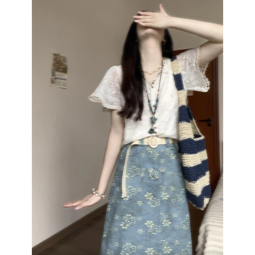 新中式国风高级感气质减龄蕾丝上衣女夏季刺绣修身显瘦半身裙套装