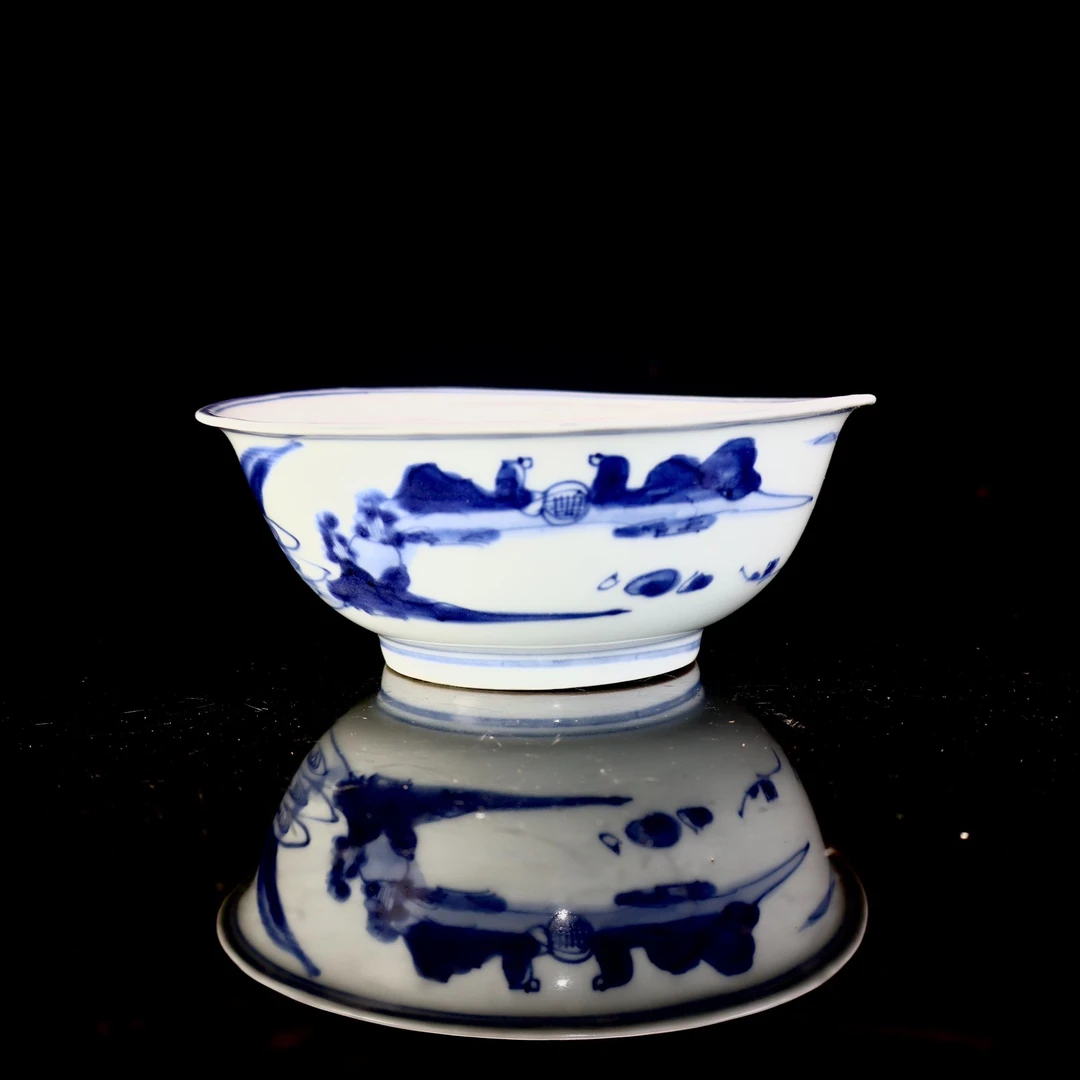 52.明崇祯青花山水人物故事对弈图碗