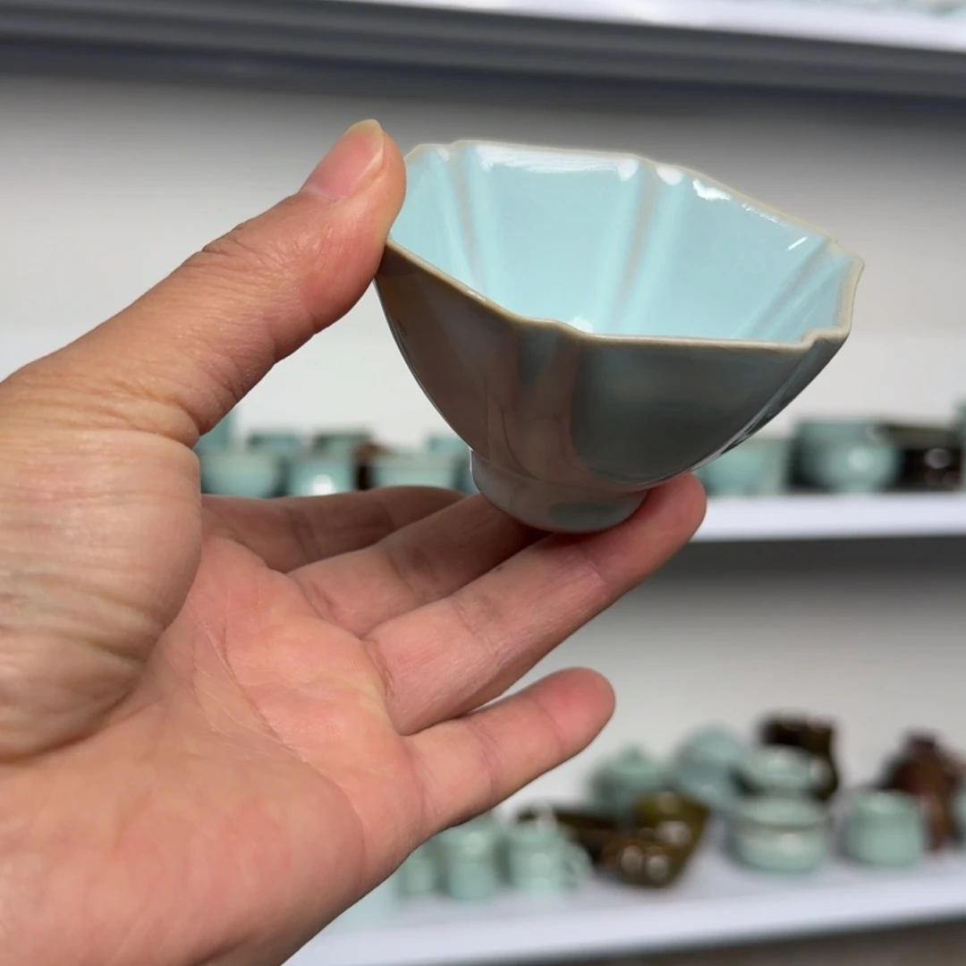 陶摆件汝瓷复烧天青六方杯