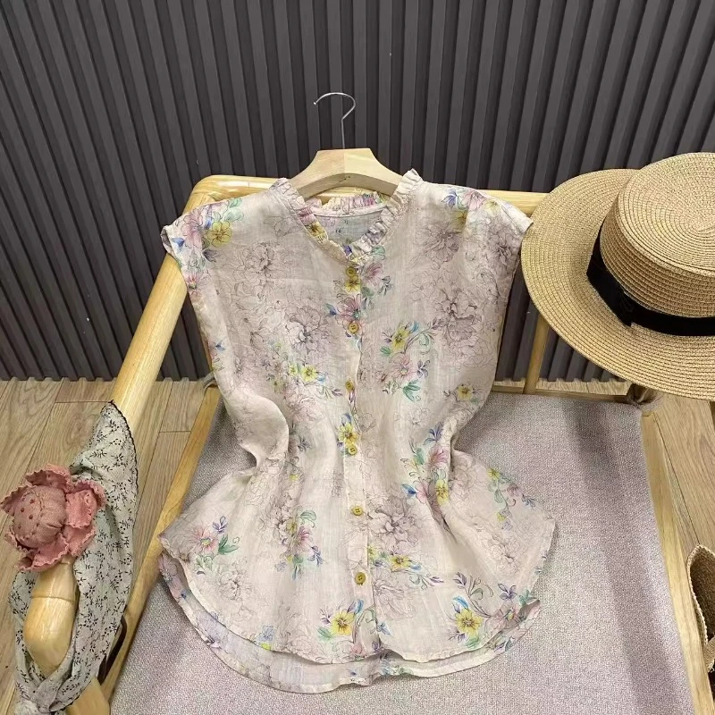 夏季时尚新款复古国风印花无袖亚麻小衫木耳领文艺百搭气质衬衫女