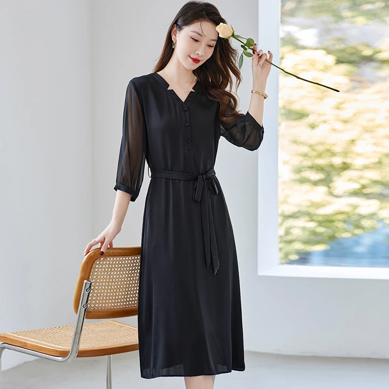 水墨佳人轻奢优雅真丝弹力双乔桑蚕丝连衣裙82497336