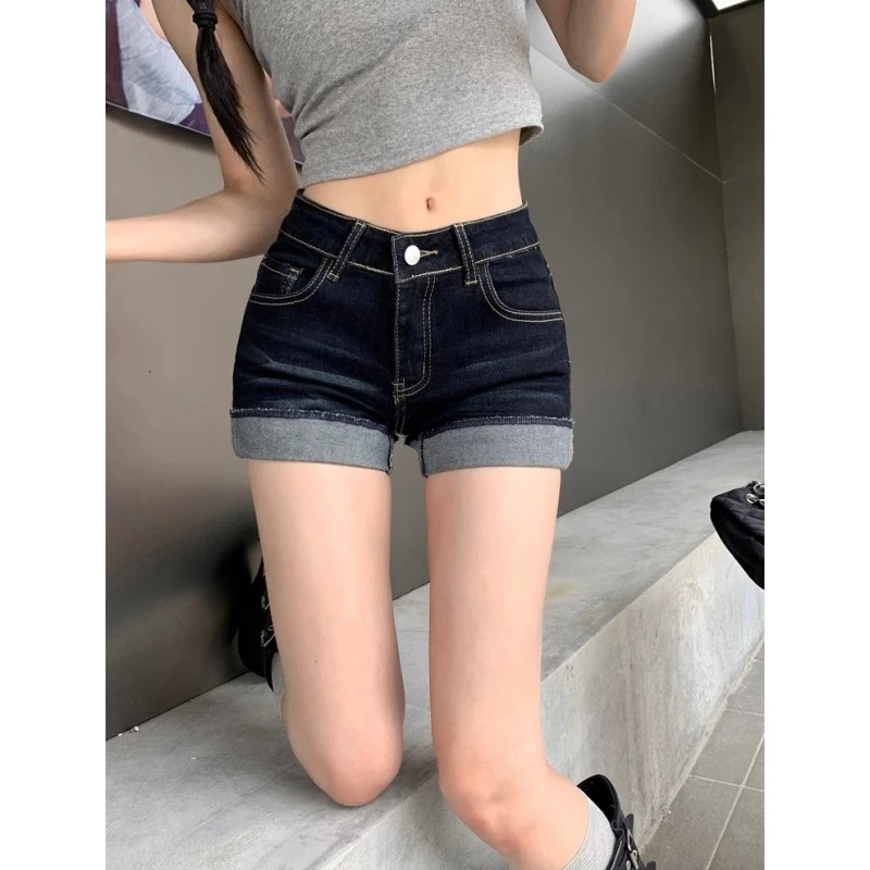 【现货速发】美式辣妹性感牛仔短裤女瘦低腰包臀a字卷边翻边热裤女