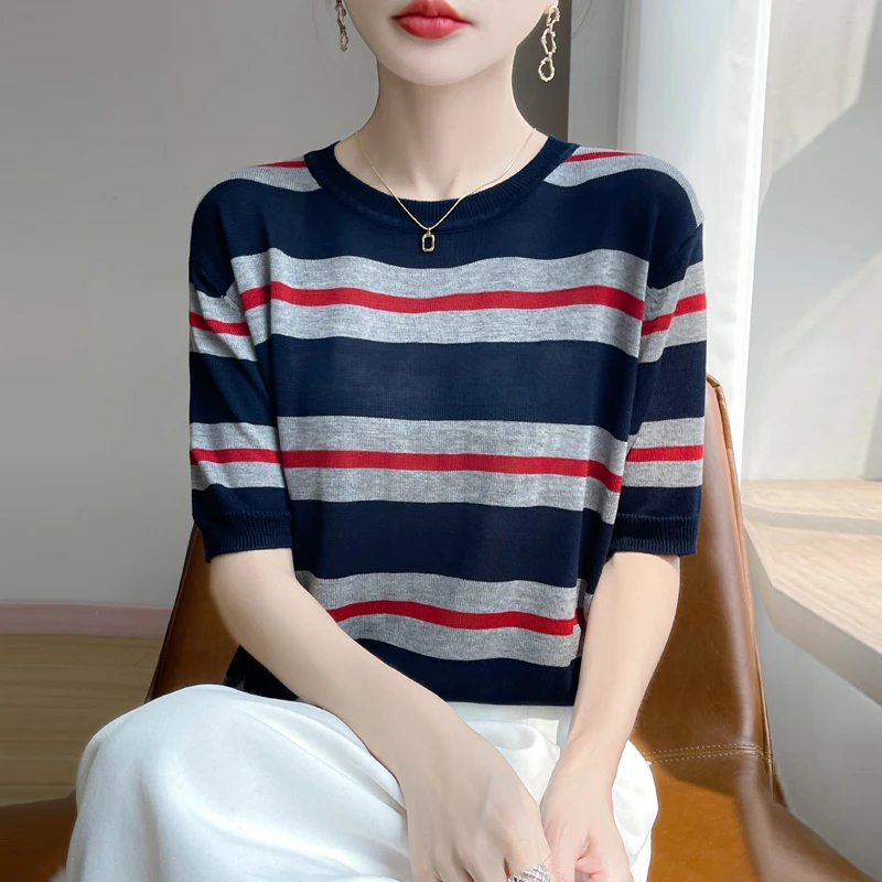 时尚条纹短袖t恤女夏季2025新款打底衫洋气女装显瘦上衣