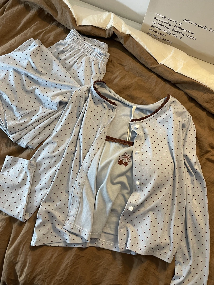 早秋少女波点柔软舒适开衫性感吊带休闲遮肉长裤可外穿睡衣三件套